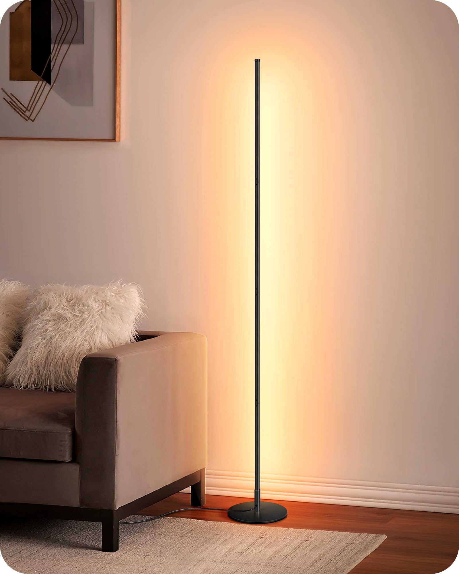 EDISHINE LED Floor Lamp, 146cm Minimalist Dimmable Standing Lamp with Foot Switch, Stepless Dimming, Tall Corner Lamp for Living Room, Bedroom, Office, 3000K, Black