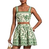 Floerns Women's Two Piece Outfit Tropical Crop Cami Top and Summer Skirts Set