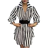 WDIRARA Women's Striped Button Down Shirts Long Sleeve Belted Blouse Collared Tops