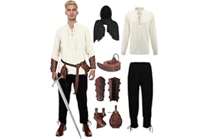 DARFULA 7 Pcs Men's Renaissance Costume Medieval Pirate Shirt Ankle Banded Pants Viking Costume Accessories Set