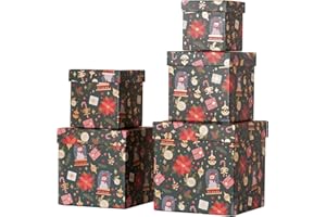 PAPER FAIR 5PCS Christmas Nesting Gift Boxes with Lid, Xmas Nested Box Set, 5 Sizes, Square Stackable, Green Gold Foil Snowman Candy Cane Paper Box Tower Décor, for Holiday Thanksgiving New Year Packaging