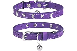DILLYBUD Leather Cat Collars for Boy Girl Cats with Bell and Safety Elastic Belt, Personalized Star and Moon Stud Adjustable Safe Buckle Collar for Kitty Small Big Cats Size 8-12 Inch, Purple