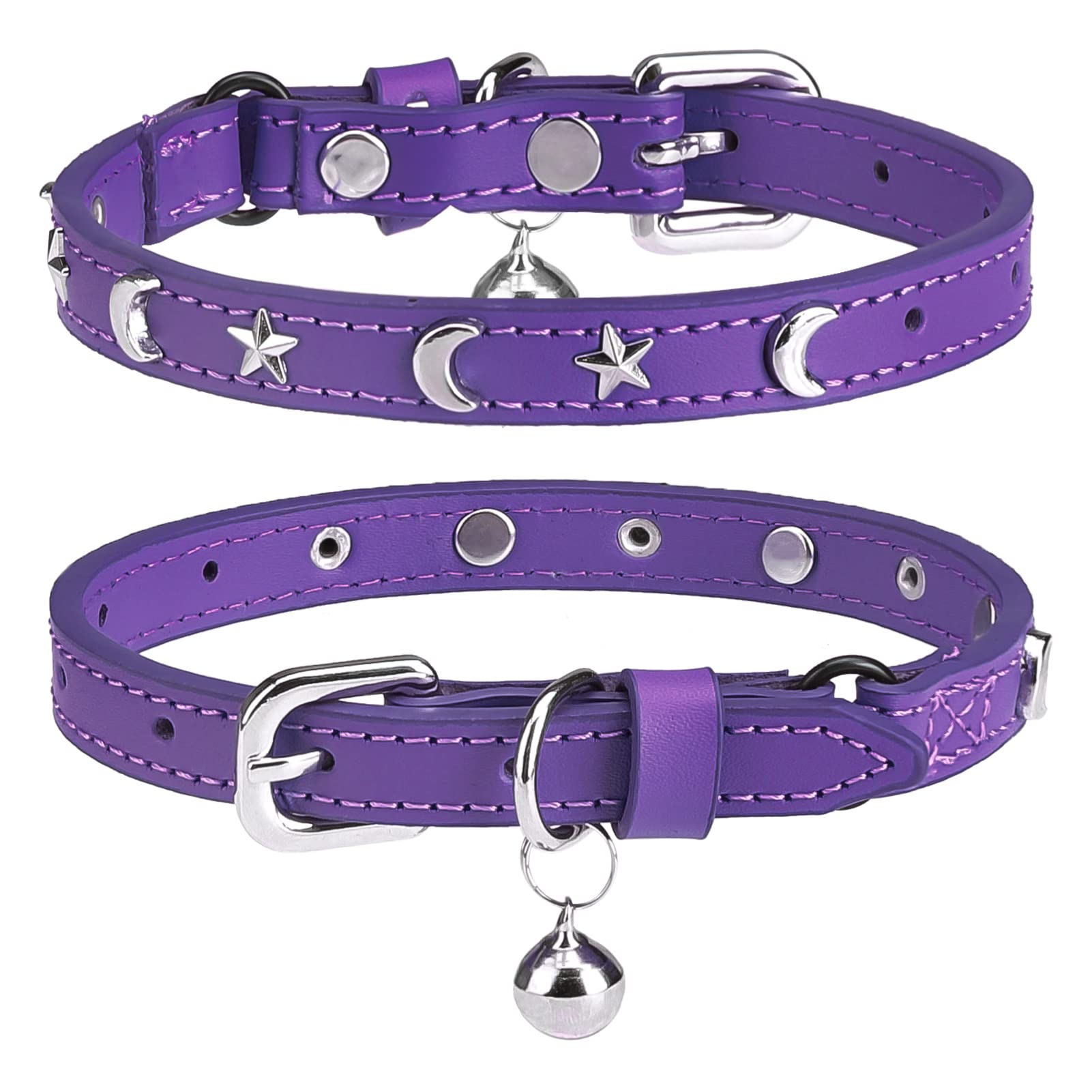 Leather Cat Collars for Boy Girl Cats with Bell and Safety Elastic Belt, Personalized Star and Moon Stud Adjustable Safe Buckle Collar for Kitty Small Big Cats Size 8-12 Inch, Purple — image 1