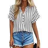 Dokotoo Women’s Summer Short Batwing Sleeve Button Shirts Business Casual Striped Color Block V Neck Lightweight Tops Blouses