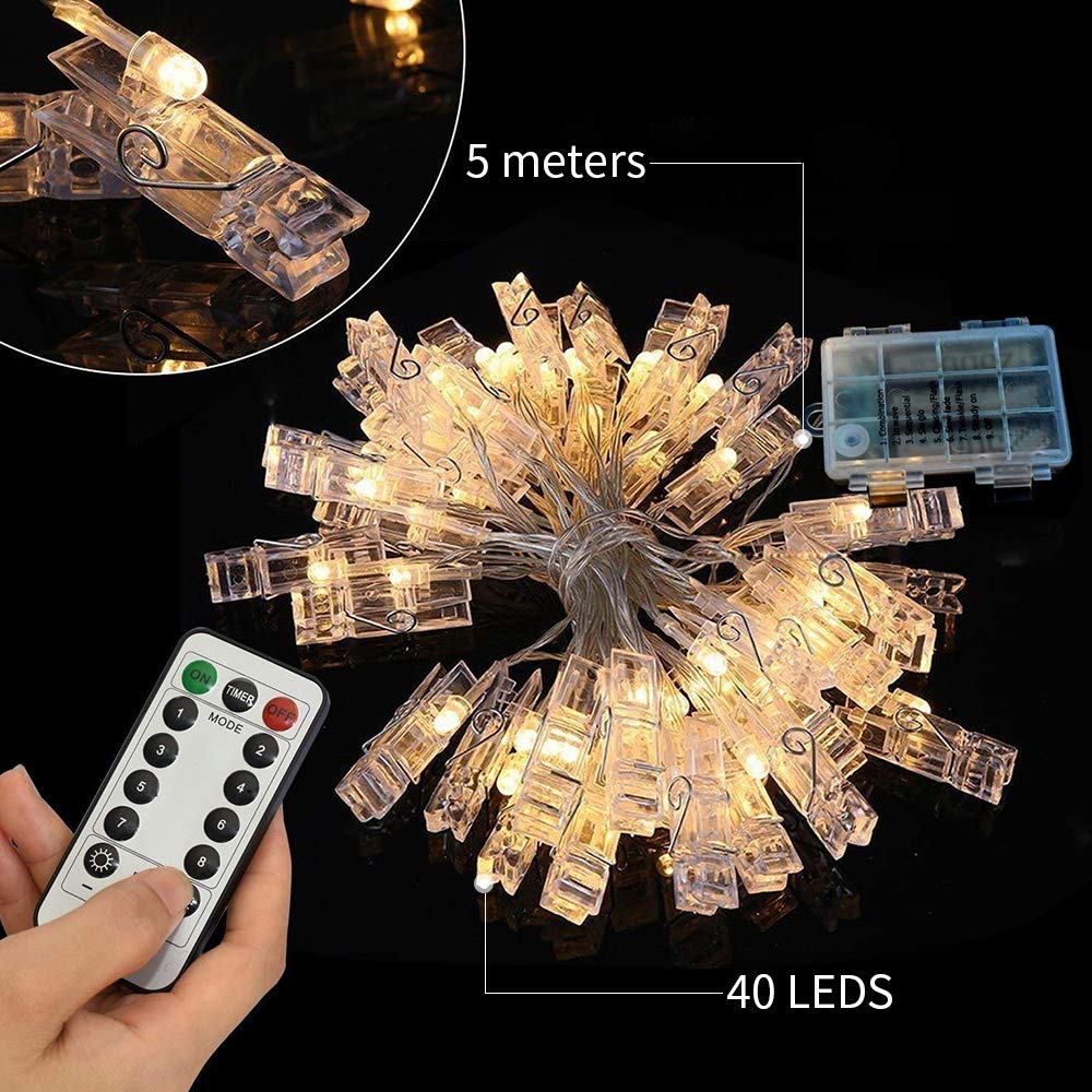 LOBKIN Photo Hanging Clips Schnur, 40 LED Photo Clips Lichterketten 5m Photo String Lights mit Clips, 8 Modi Lichterketten mit Clips für Bilder, mit Remote Timer-Funktion für Fotos, Bilderkarten