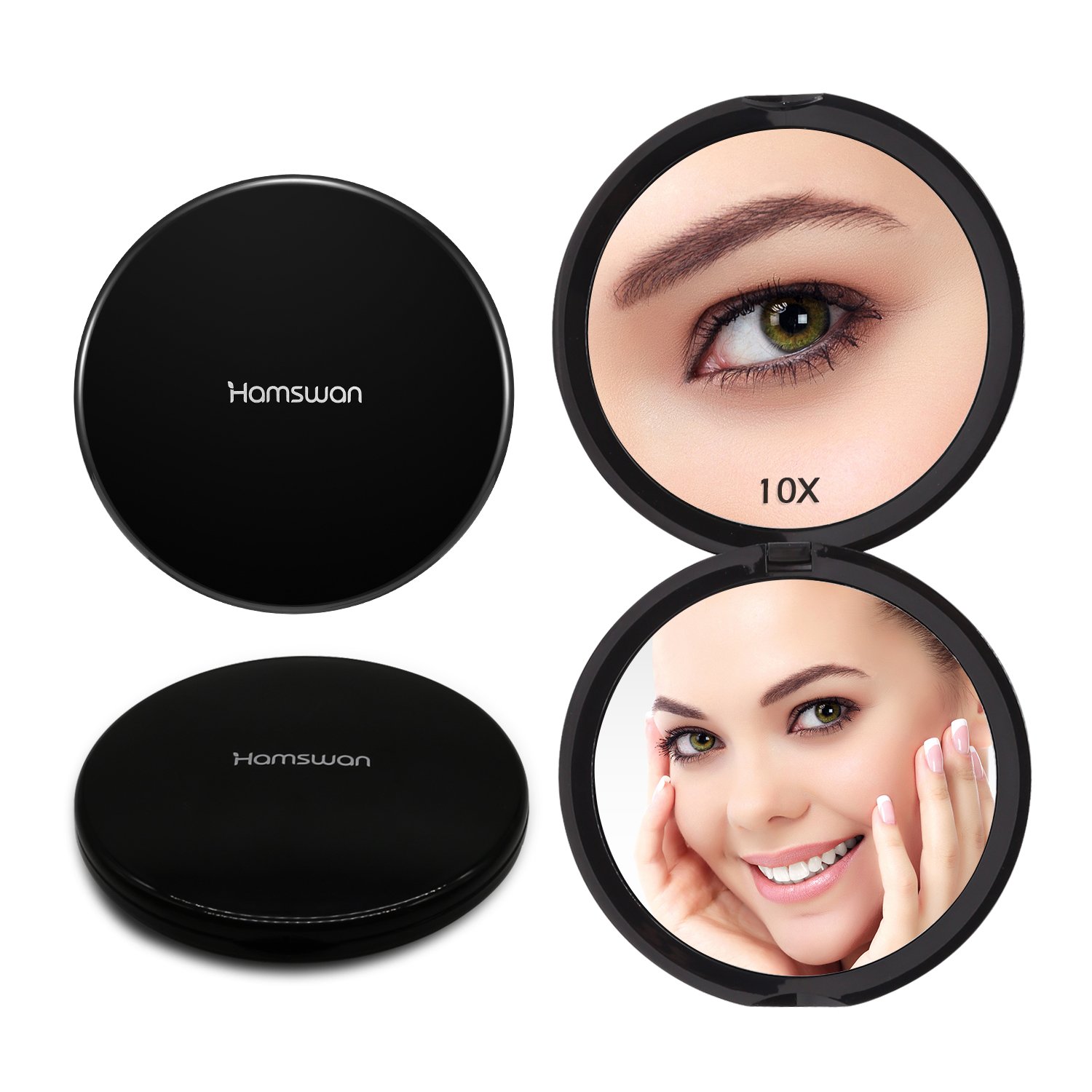 [Gifts for New Year] HAMSWAN Compact Makeup Mirror Pocket Mirror Portable Foldable Double Sided Mirrors with 10 x Magnification for Wedding Birthday Anniversary Gift and Travel (Black)