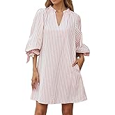 EZAPINE Striped Dress for Women V Neck 3/4 Bow Puff Sleeve Summer A Line Flowy Shirt Dress with Pockets