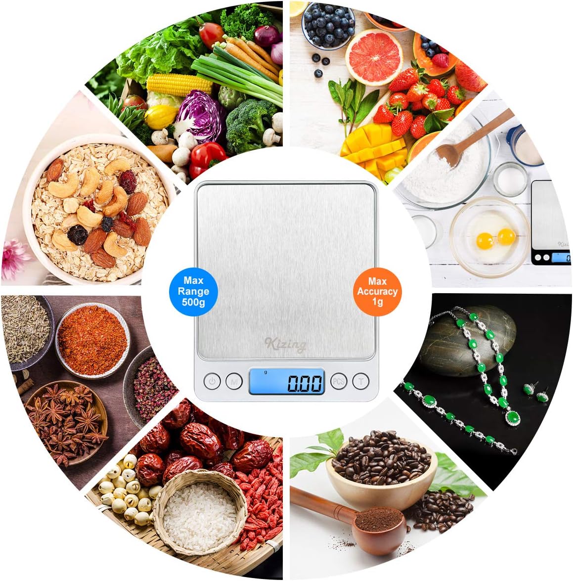 Kizing Digital Kitchen Scale, 500g/0.01g Small Pocket Jewelry Scale, Cooking Food Scale with Backlit LCD Display, Food Scales Digital Weight Gram and Oz, Stainless Steel, Battery Included, Silver: Kitchen & Dining