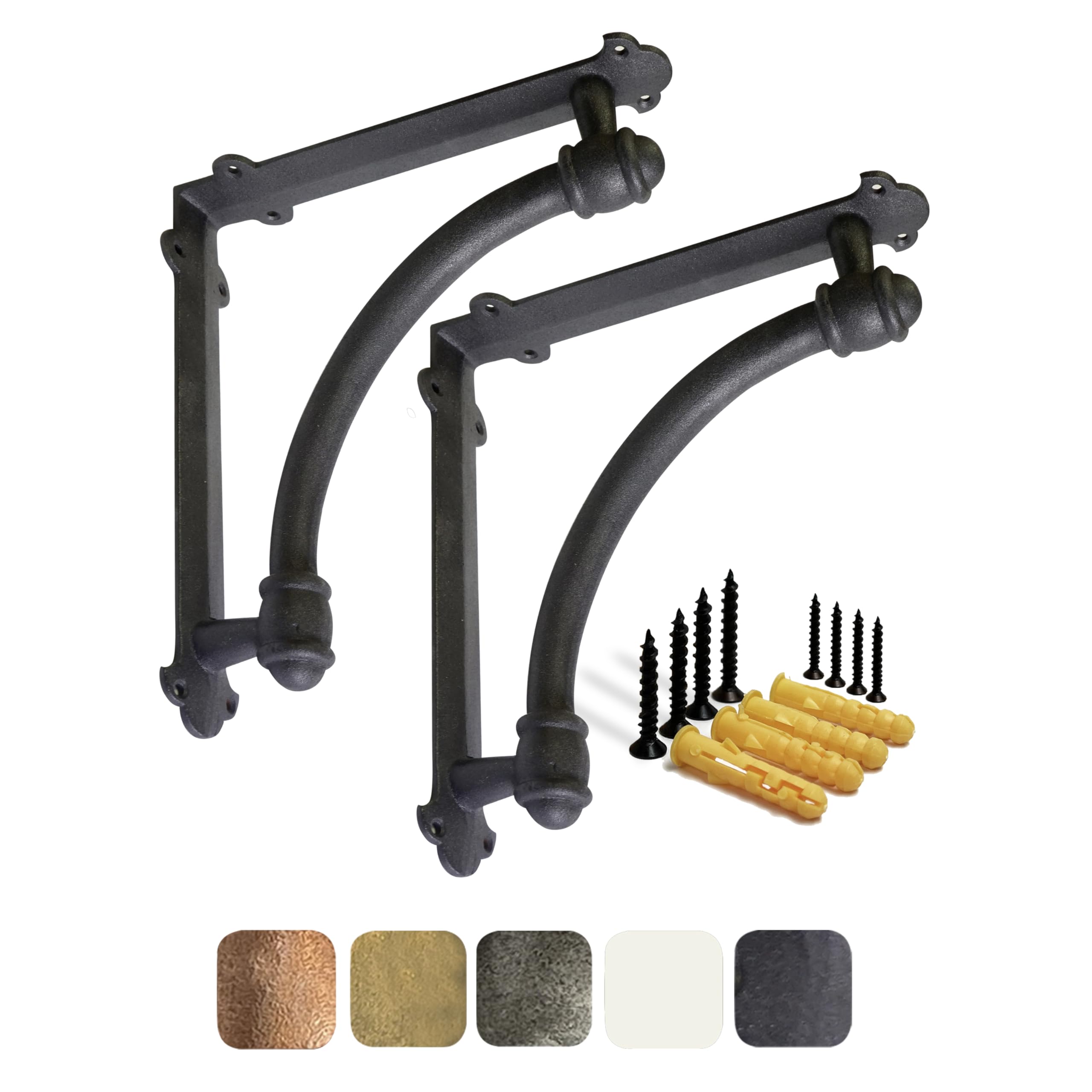 NACH Decorative Shelf Brackets, 2 Pack of 9.6 x 1.7 x 9.6 inch Black Cast Iron Shelf Brackets - Decorative Brackets for Mounting - Half Round Style Brackets