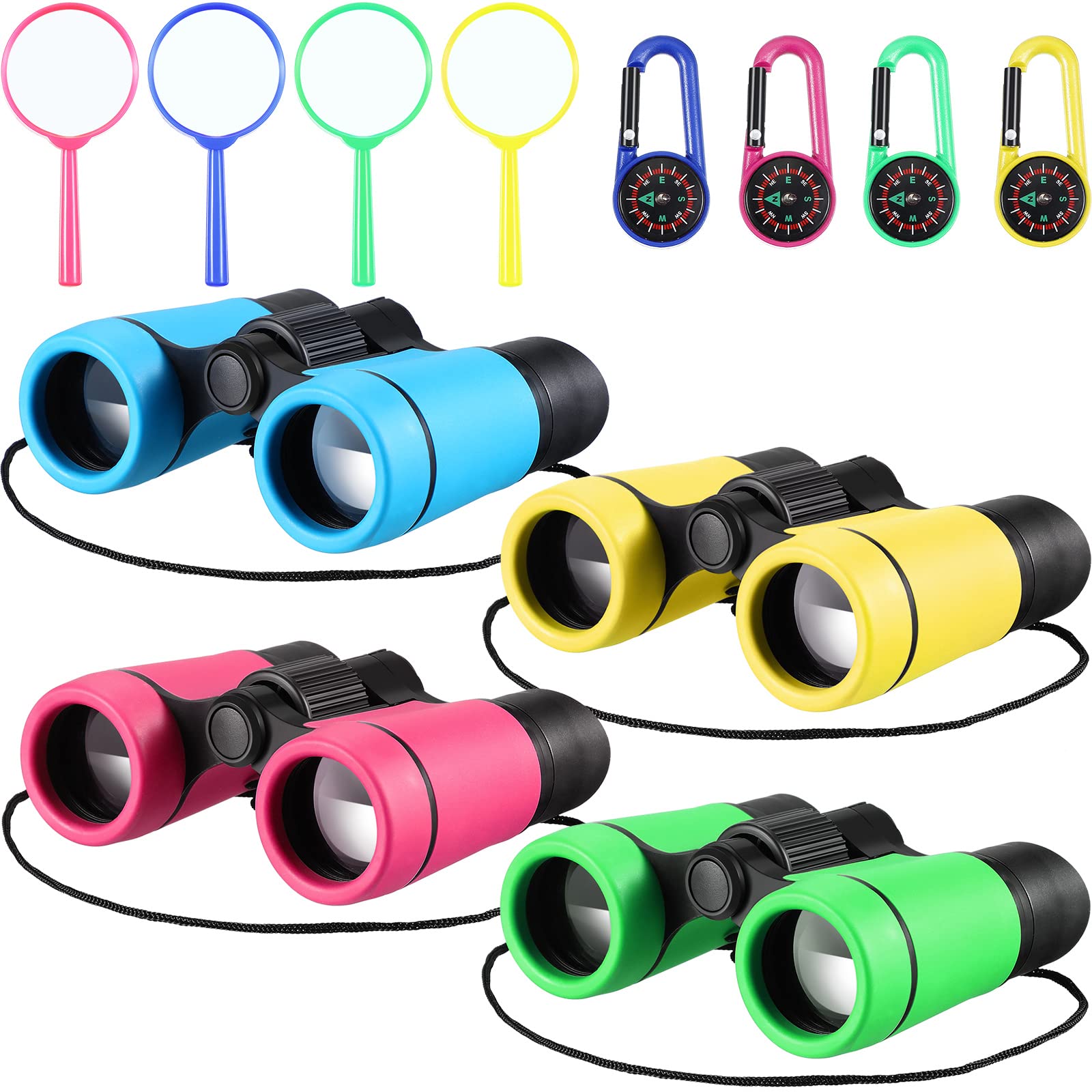Photo 1 of 4 Set Kids Binoculars Children Colorful Real Binoculars Set Shockproof High Resolution with Magnifying Glass and Compass for Bird Watching Hunting Hiking Outdoor Exploring(Light Color)