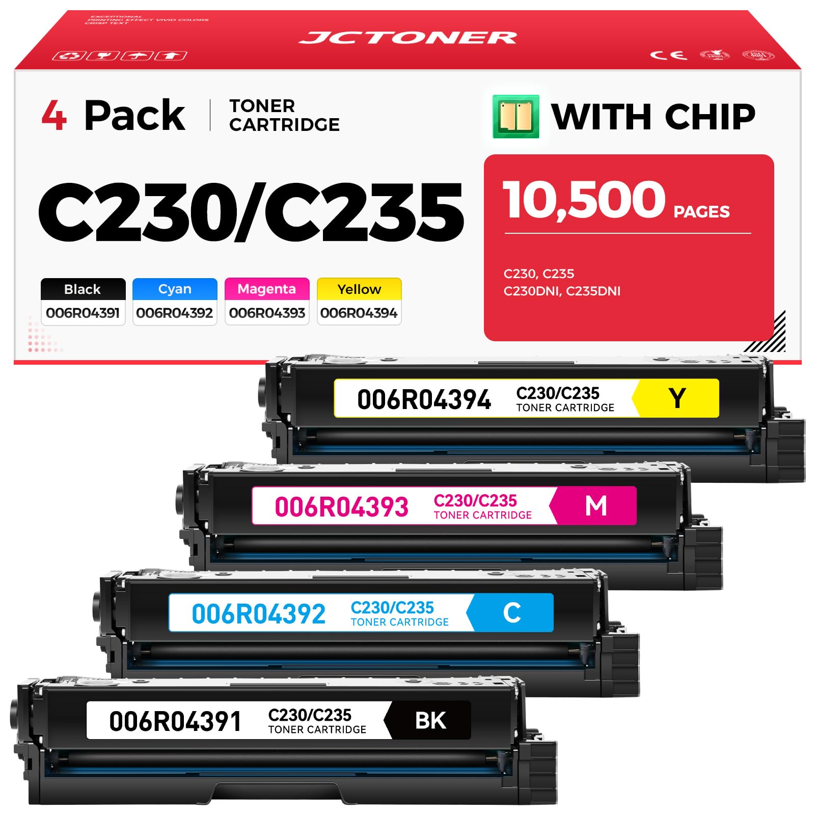 Photo 1 of C230 C235 Toner Cartridge with Chip High Capacity Set 4-Pack Replacement for Xerox 006R04391 006R04392 006R04393 006R04394 Compatible with Xerox C230 C235 C230DNI C235DNI C225 Printer Black and Color