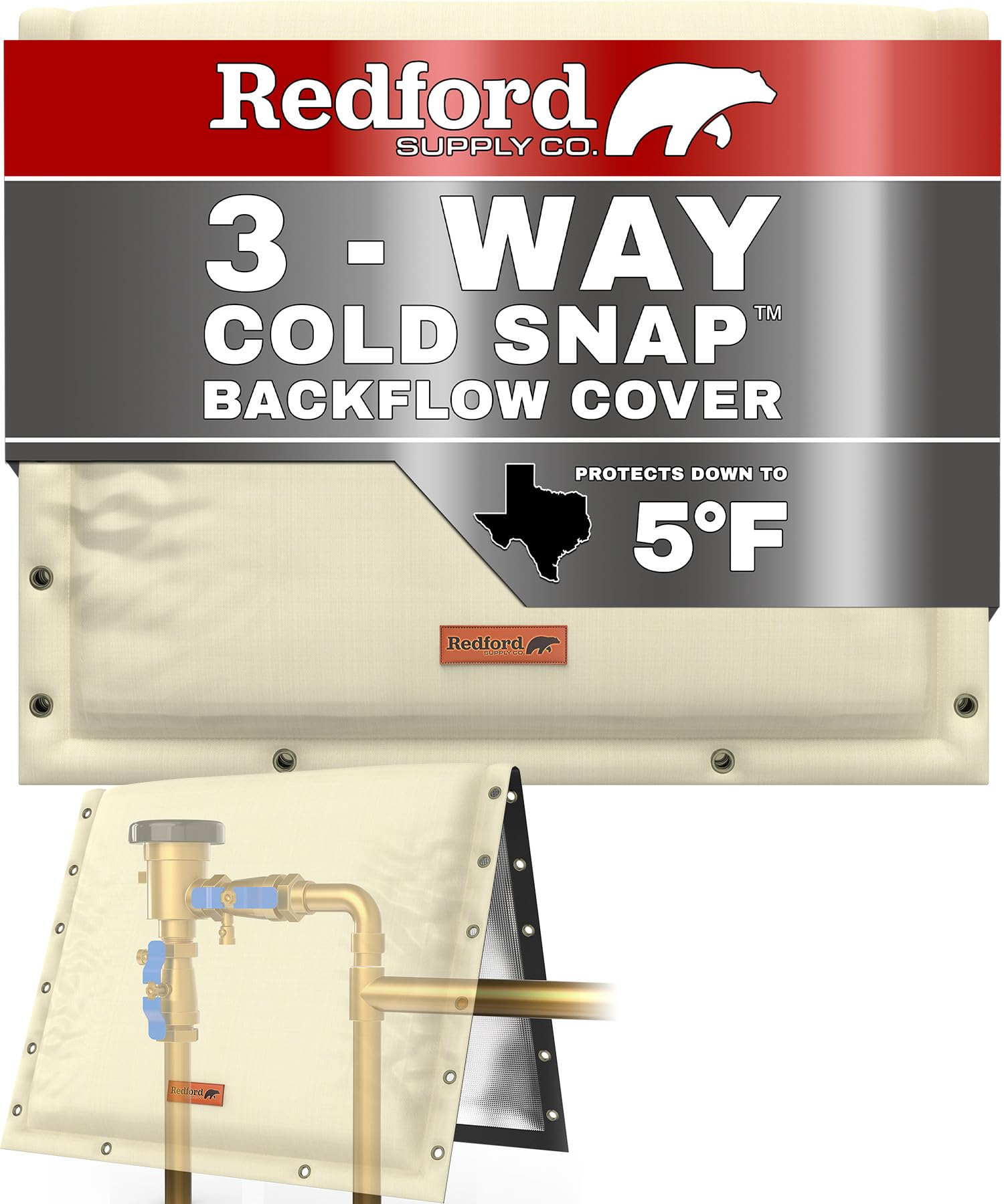 Redford Supply Co. Cold Snap (5°F) Backflow Preventer Insulation Cover, 3-Way Custom, 28"W x 20"H, Pipe Insulation, Water Sprinkler Covers for Outside, Sprinkler Backflow Cover for Winter (Beige) Image