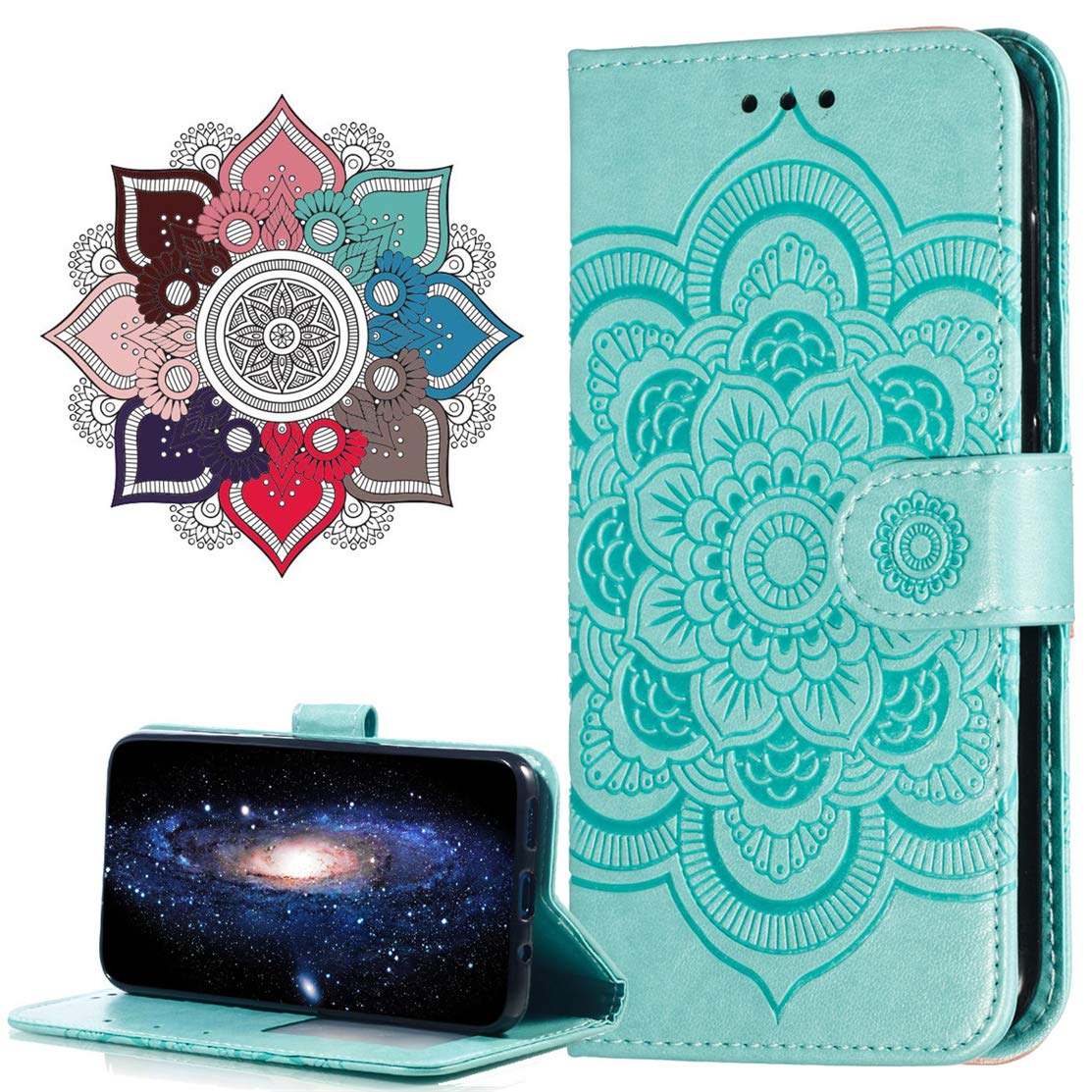 MRSTER Flip Case for Moto E5 Play Go PU Leather Wallet Closure Embossed Shockproof Cover with Kickstand Card Slots Holder for Motorola Moto E5 Play Go. LD Mandala Green