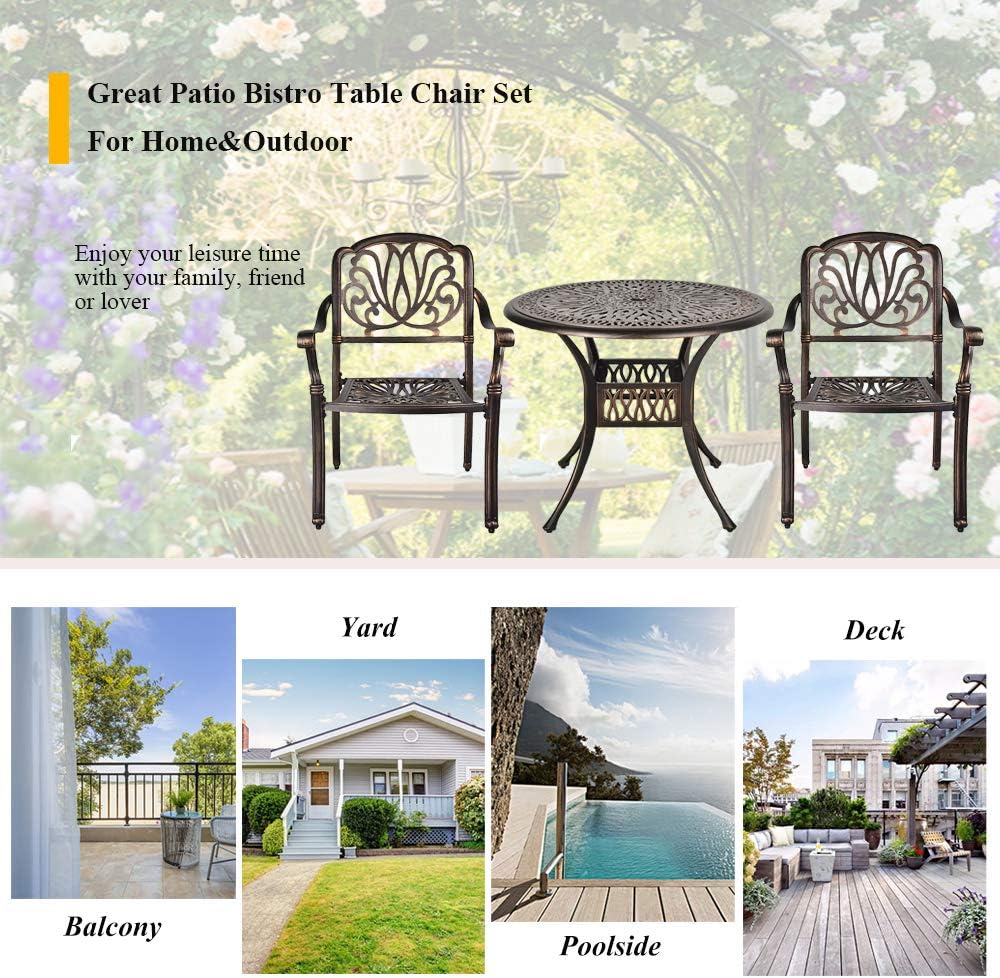 USSerenaY 3 Piece Cast Aluminum Bistro Set Outdoor Bistro Table Set Patio Furniture Sets with 2 Arm Chairs, Umbrella Hole, Antique Bronze Finish (2 Chairs + 1 Table Set): Garden & Outdoor