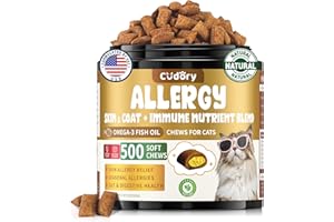 CUDORY Cat Allergy Relief for Cats, Crunchy & Creamy Chews for Immune & Skin Coat Support – Seasonal Allergies, Itching Relief, Omega 3 & Probiotic Natural Supplement for Cats, Chicken Flavor – 500 Chews