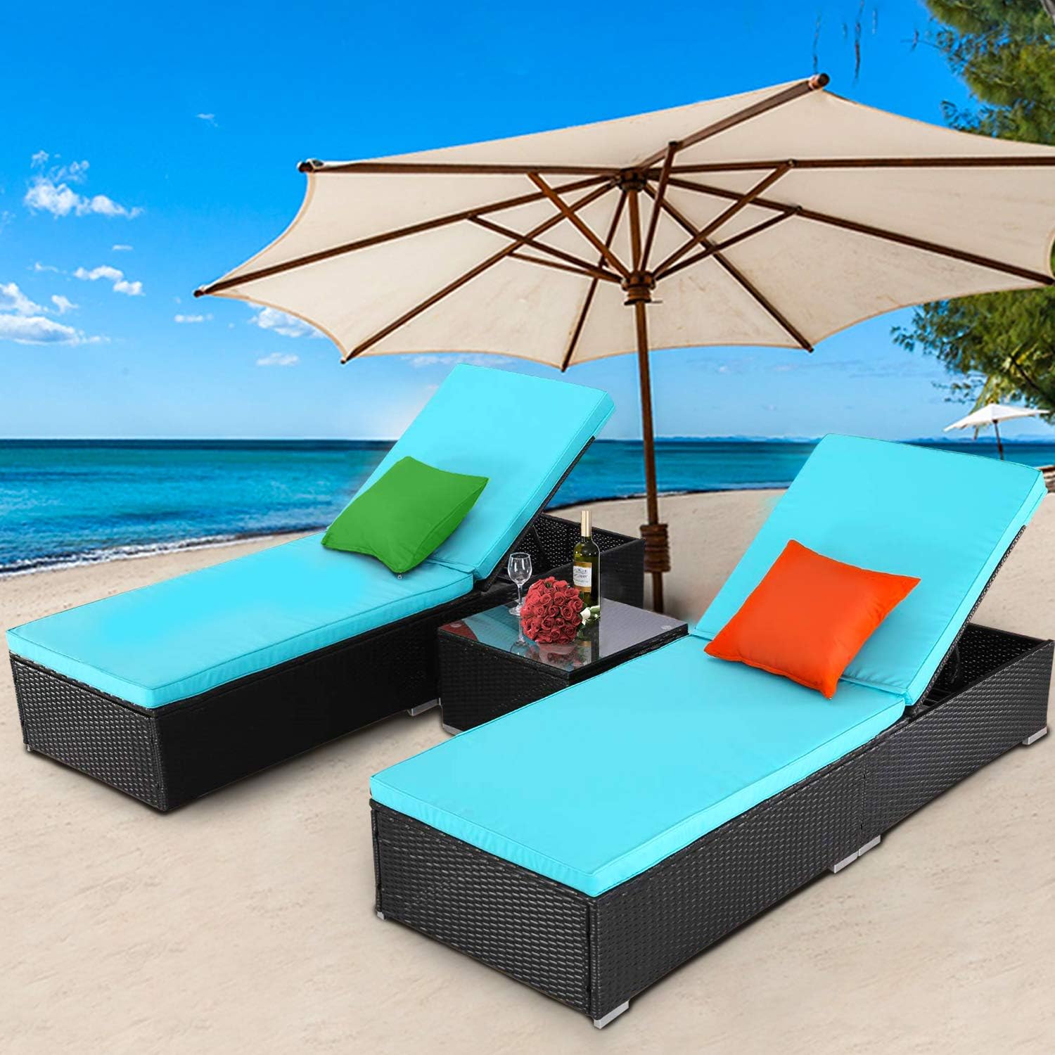 Amazon Com Tusy 3 Pieces Patio Chaise Lounge Sets Outdoor Rattan Lounge Chairs With Coffee Table Adjustable Back Rattan Furniture And Cushion Garden Outdoor