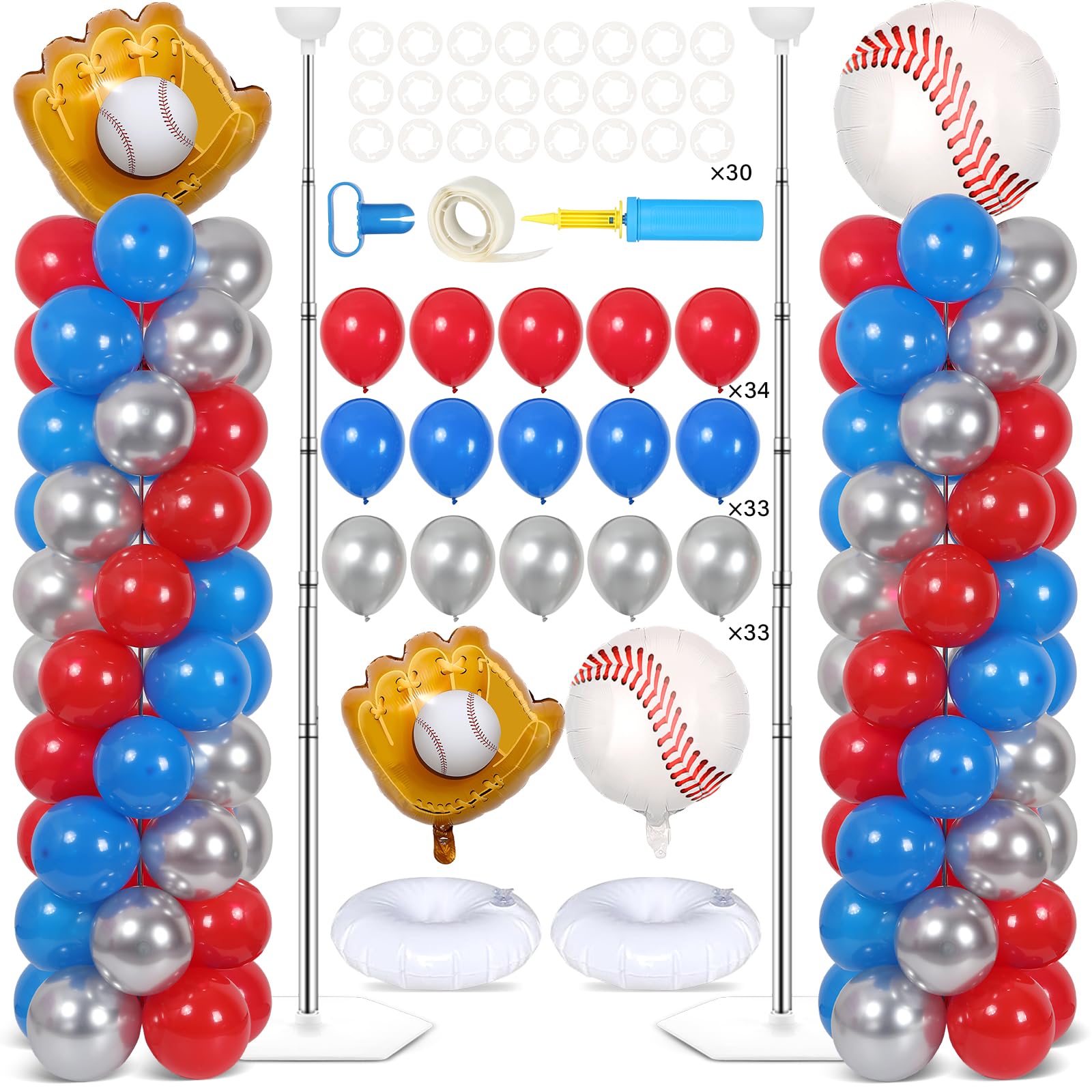 Photo 1 of 2 Sets Baseball Balloon Column Stand Kit With 102 Red Blue Silver Baseball Glove Foil Balloons Sport 5.57ft Adjustable Balloon Tower Stand With Bases Adjustable Arch Column for Game Birthday Supplies