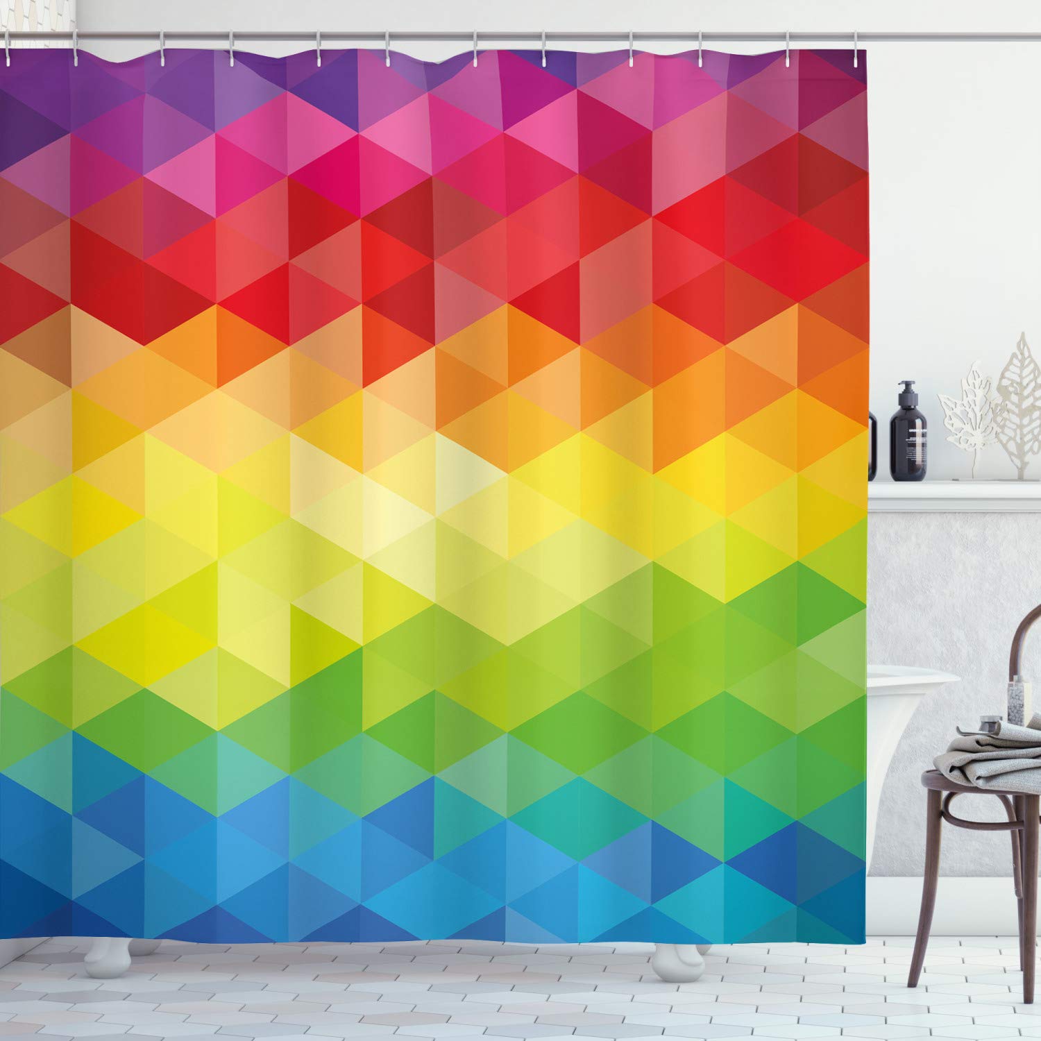ABAKUHAUS Colorful Shower Curtain, Abstract Geometrical Polygonal Diamond Forms Triangle Mirroring Lines Artwork, Cloth Fabric Bathroom Decor Set with Hooks, 86 Inches Extra Long, Multicolor
