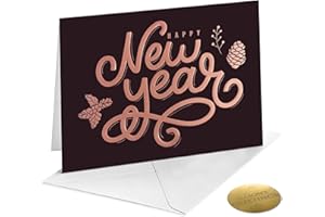 easykart labels 18 Happy New Year Cards with Envelopes | Dark Brown Designs with Rose Gold Foiling & Embossing | 7.25 x 5.5 Inch New Year Wishes Cards with Seal Stickers For Friends , Family and loved Ones