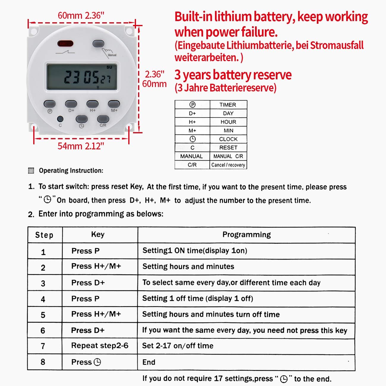 Heschen Digital LCD Power Weekly Programmable Timer Relay Switch CN101A DC 12V 16 Amp SPST, White - Image 5