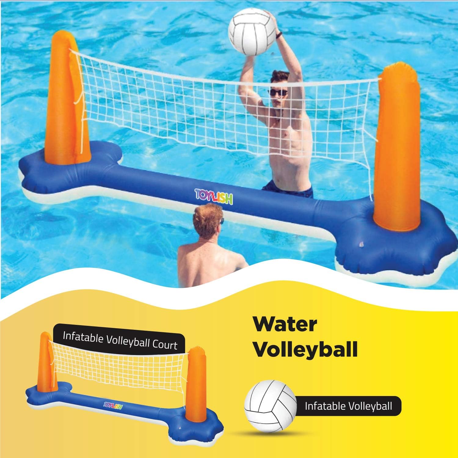 Inflatable Pool Float Set Volleyball Net & Basketball Hoops; Includes Bonus Air Pumper, Balls Included for Kids and Adults Swimming Game Toy, Floating, Summer Floaties, Volleyball Court (105”x28”x35”): Toys & Games