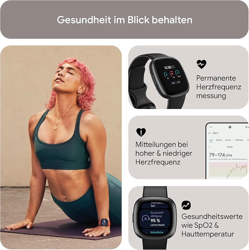 Google Versa 4 Smartwatch Fitness Tracker enthält eine 3 monatige Google Health Premium Mitgliedschaft, 6 Tage Akkulaufzeit – Kompatibel mit Android/iOS, Schwarz/Aluminium in Graphit