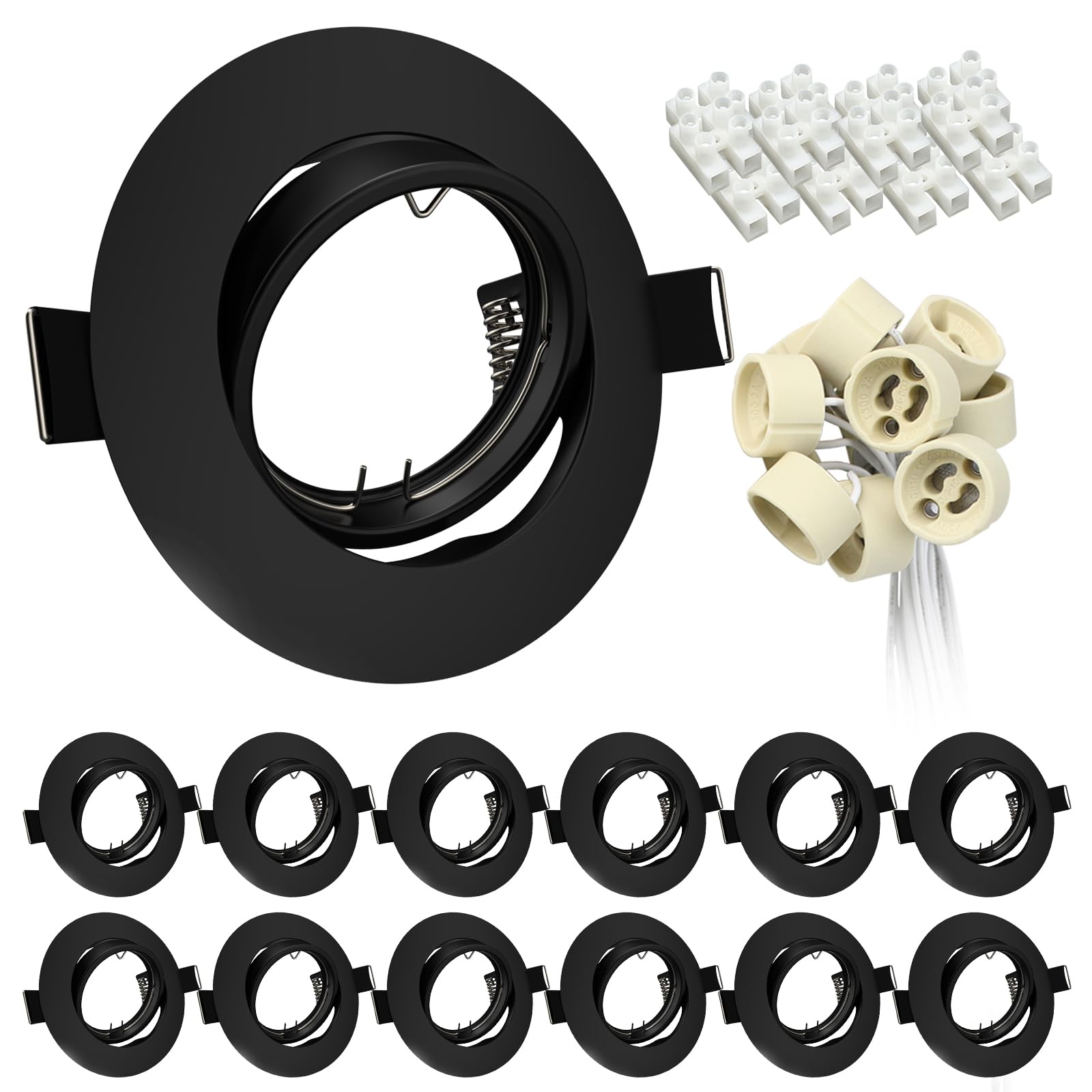 Wondlumi 12X Recessed Ceiling Lights GU10 Downlights Fittings for Ceiling Round Black Metal Mounting Frame for Spot Lights Adjustable LED Downlights with GU10 Lamp Holder, No Bulbs
