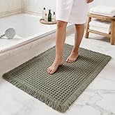Lunofox Waffle Bathroom Rugs, Super Absorbent Boho Bath Mats, Non-Slip Shower Mats for Bathroom Floor and Tub, Ultra Soft Waffle Weave Runner Mat, Quick Dry, Olive Green, 18x30 Inch