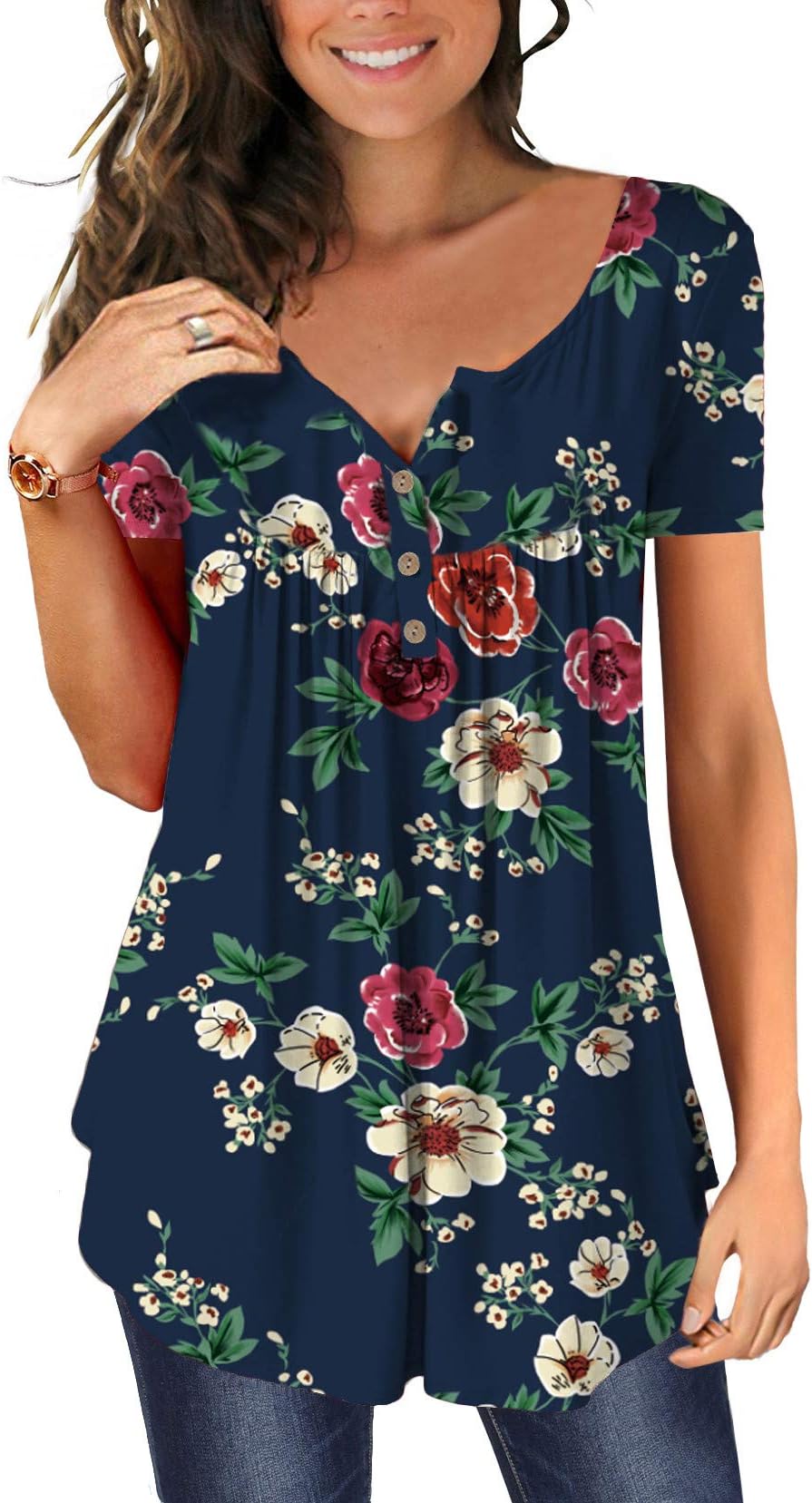 Mystry ZoneWomens Henley V Neck Casual Blouse Button Down T Shirts Flare and Flowy Tops