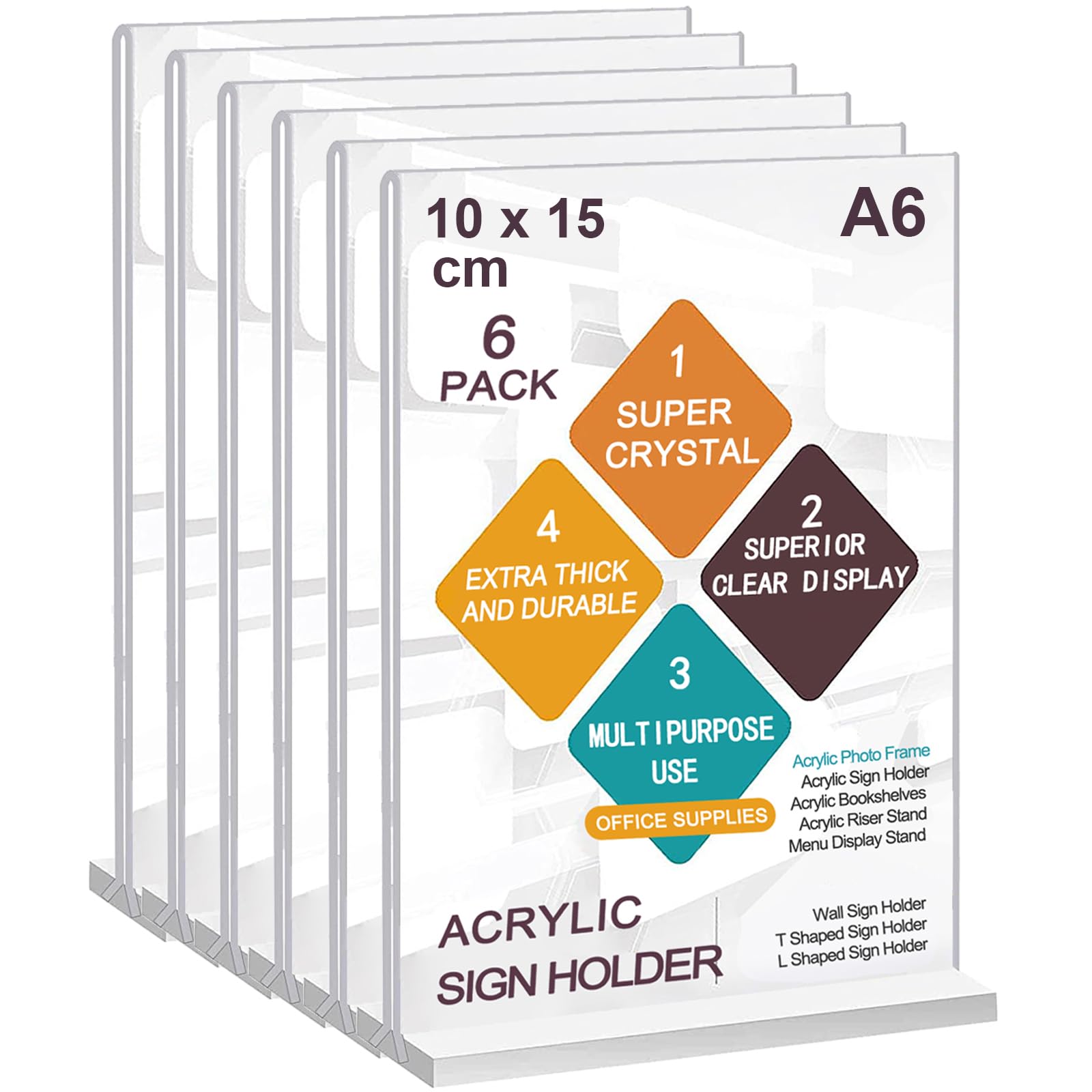 A6 Acrylic Sign Holder, 6 pack T-Shape Double-Side A6 Perspex Display Stands, Clear Poster Menu Holder for Hotel, Office, Shop, School