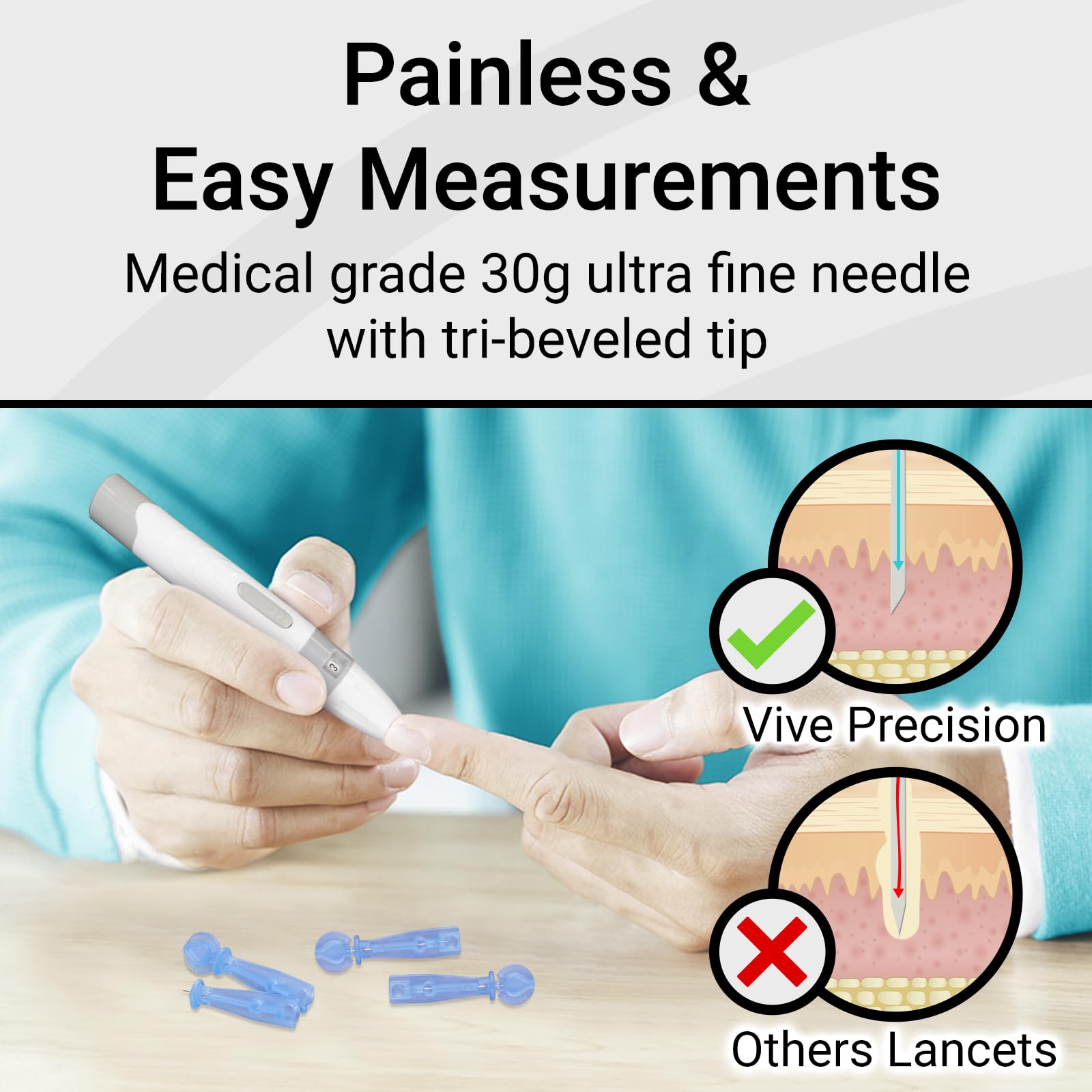 Vive Precision Easy-Twist Lancets for Diabetes Blood Sugar Extraction Testing, 30 Gauge Single Use Disposable Finger Pricker Needle Pen for Glucose Monitoring Devices (300 Easy-Twist Lancets)