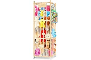 DUOQNY Stuffed Animal Storage with Bag, Wood Plush Toy Storage Organizer, Large Capacity Toy Cage with DIY Plaque Hang Small 