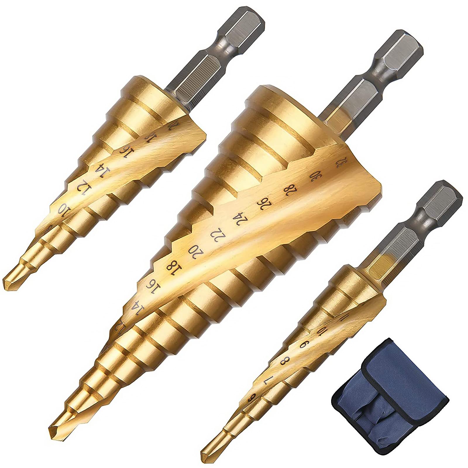 flintronic 3Pcs Spiral Grooved Step Drill Bit, 4mm to 12/20/32 mm (5/32" to 5/4") HSS Titanium Coated, Hex Shank Metric Cut Tool for Wood, Stainless Steel,Metal Sheet