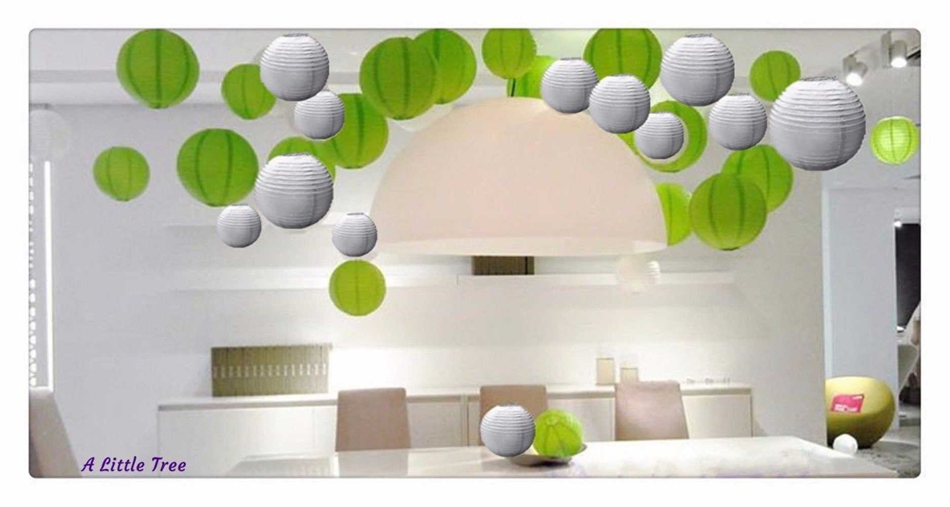 "A Liittle Tree" Mixed Size New Round Paper Lanterns Lamp Shade Wedding Birthday Party Events (Green & Silver, 24(6 x 8" + 6 x 10" + 6 x 12" + 6 x 14"))