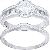 Jewels By Lux Sterling Silver Women's Cubic-Zirconia Duo Bridal Anniversary Wedding Engagement Band Ring Set