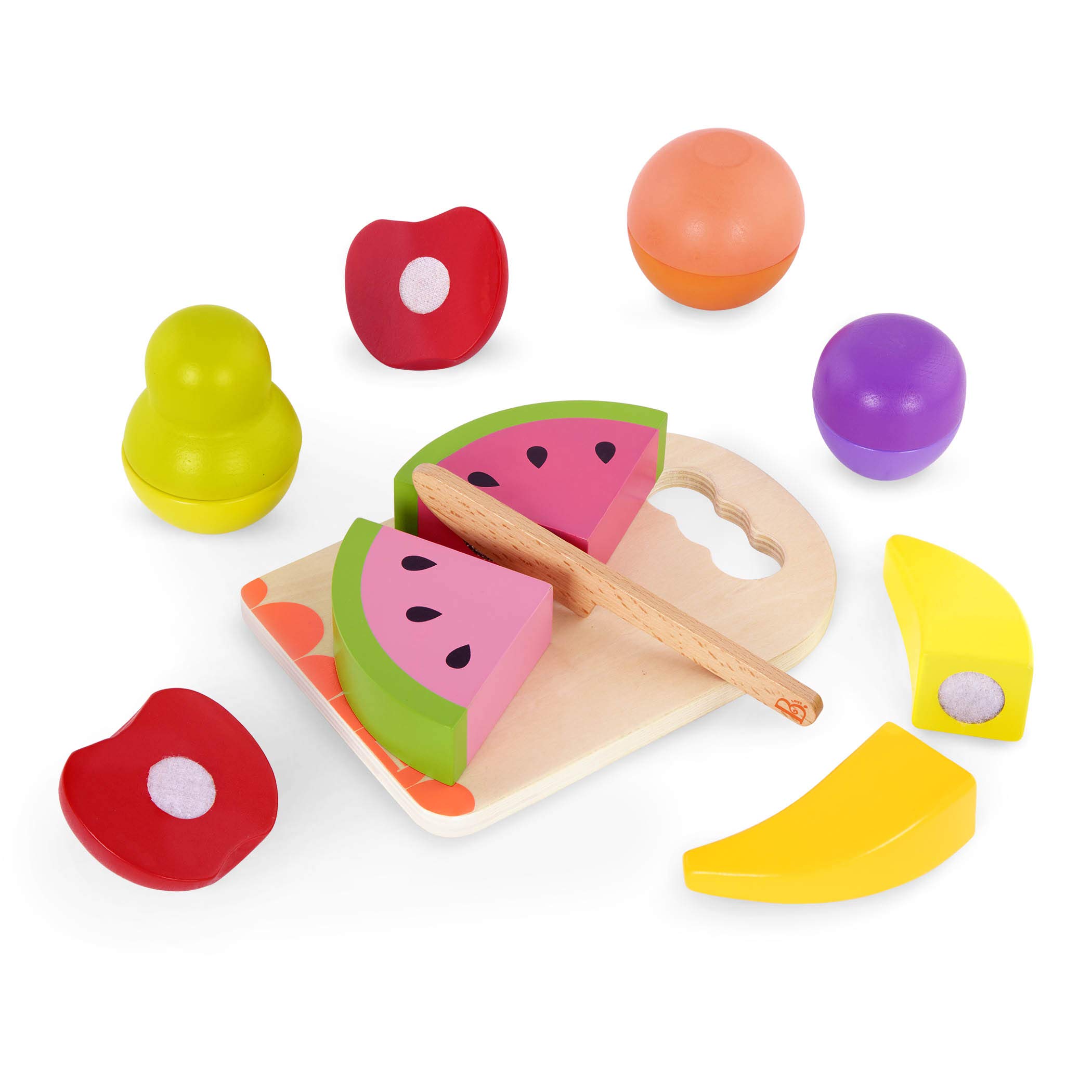 B. toys – Chop n' Play Fruits – Wooden Play food Set – 6 Hook – and – Loop Fruits to Cut – Safe Knife & Cutting Board – 2+ Years