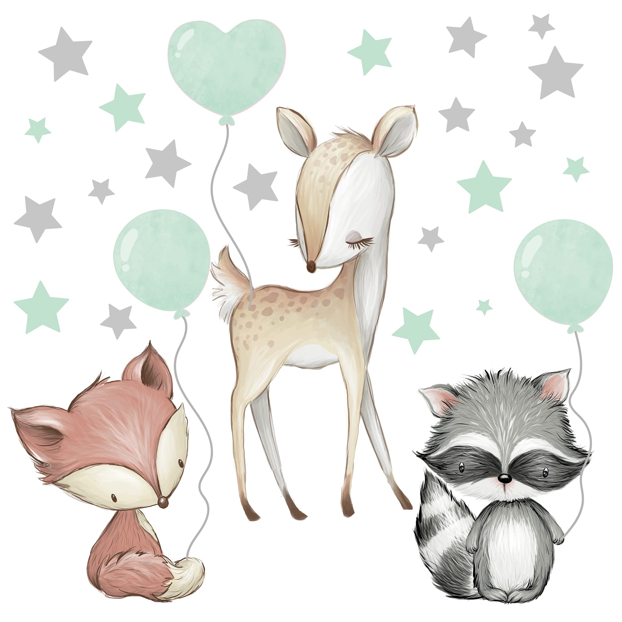Pandawal Wall Tattoo Forest Animals with Balloon Stars Animals Wall Sticker Nursery Decoration Murals Baby Deer Fox Raccoon Mint