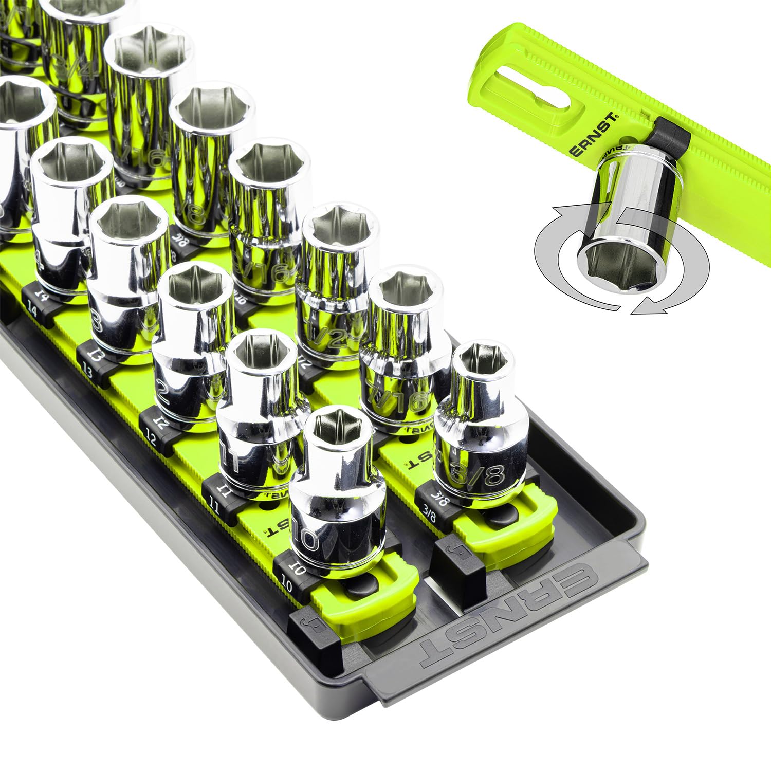 Ernst Manufacturing 8463HV Socket Boss 2-Rail, 1/2-Inch-Drive Socket Organizer, 19-Inch, High-Visibility