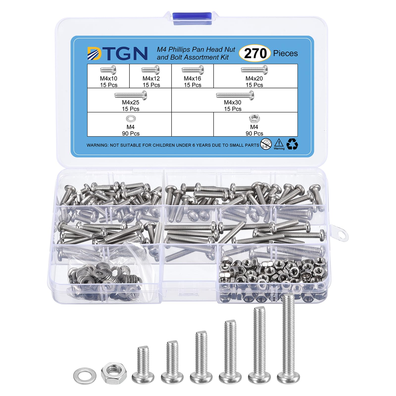 DTGN 270Pcs Machine Screws Assortment Kit, M4 Phillips Pan Head Nut and Bolt Assortment Kit, M4x10/12/16/20/25/30mm Metric Bolt Assortment, 304 Stainless Steel With Washers