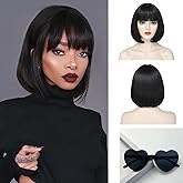 LUVEUNI Black Bob Wig with Bangs Short Black Wigs for Women 12 Inch Straight Synthetic Fiber Hair Wig Natural Looking for Daily Use (Wig and Sunglasses)