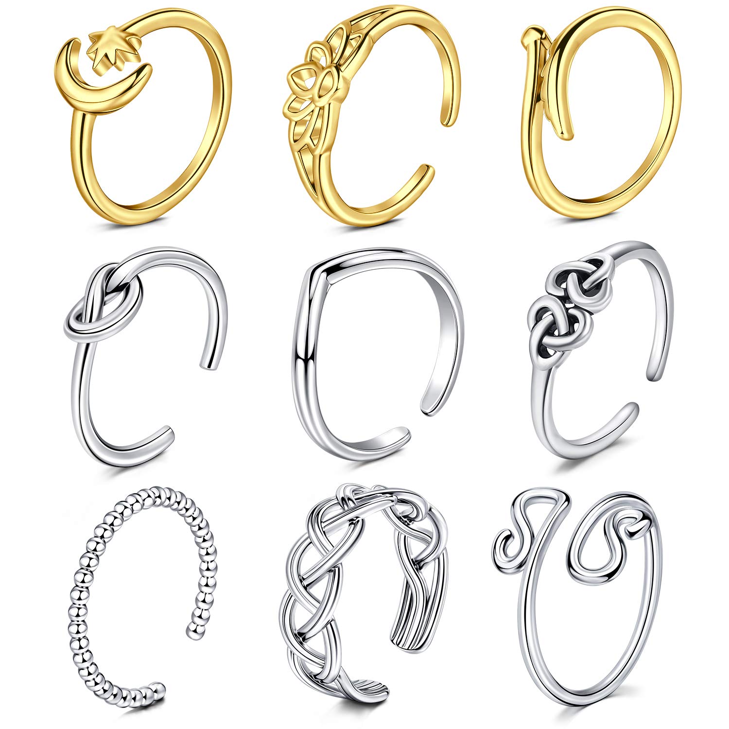 Rajnard Toe Rings Finger Rings Joint Rings Adjustable Band Ring Finger Knuckle Foot Ring Moon and Star Lotus Wing Style Surgical Steel for Women Girls 9Pcs Silver/Gold