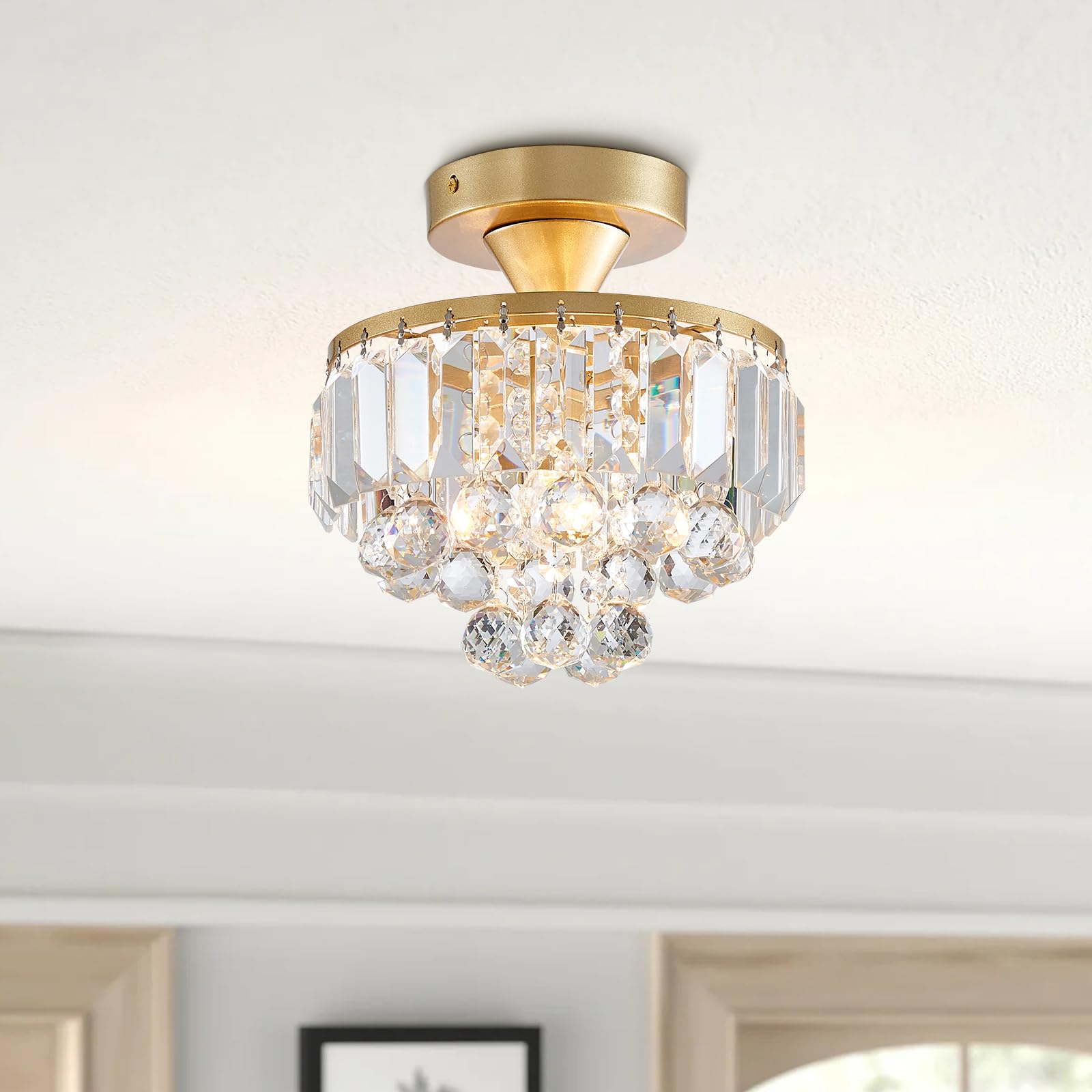 BESTIER Modern Gold Crystal Semi-Flushmount Chandelier Lighting LED Ceiling Light Fixture Lamp for Dining Room Bathroom Bedroom Livingroom Diameter 23 Height 26
