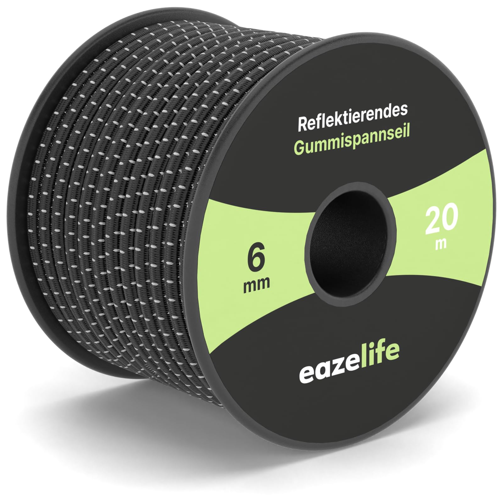 Rubber Cord on Reel - Reflective, Weatherproof, Cut to Size, Highly Elastic, Resilient, Versatile Expander Rope for Trailers, Sailing, Fishing & Outdoor (Black, 6 mm x 20 m)
