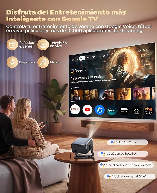 Proyector 4K【Google TV/30W Altavoz/360°Rotable】1200ANSI Proyector Portatil con oficial App,Voice Assistant,Auto Focus/Keystone,HDR10,1080P FHD WiFi Bluetooth Smart Projector para Cine en Casa/Exterior