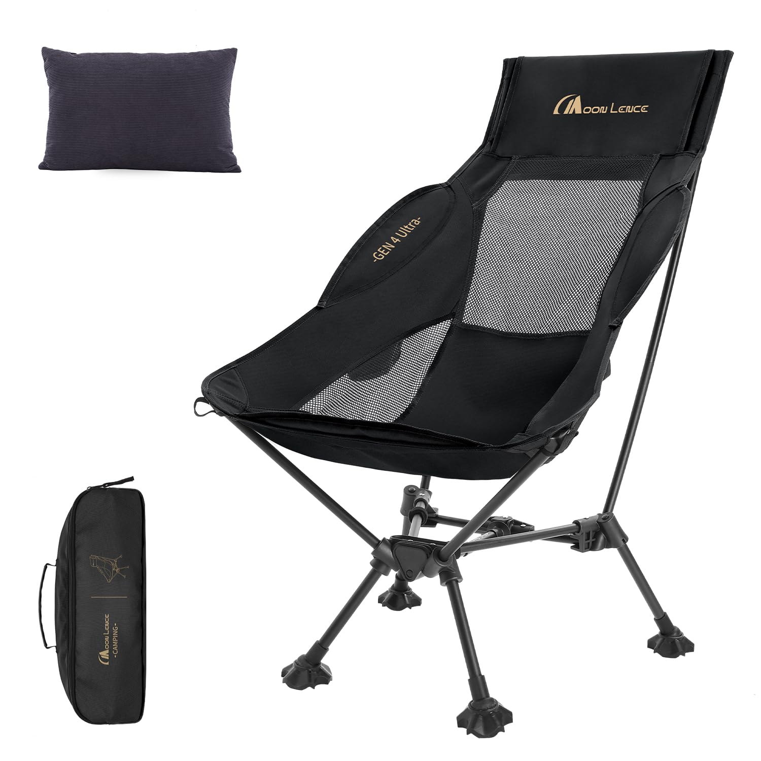 Photo 1 of MOON LENCE High Back Camping Chair with Pillow - 330lbs Capacity Folding Portable, Wide Seat & Ergonomic Support for Backpacking Hiking Picnics (Black)