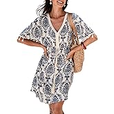 CUPSHE Women Tassel Trim Summer Dress V Neck Lace Short Sleeve Paisley Boho Casual Sundress Holiday Beach Mini Dress