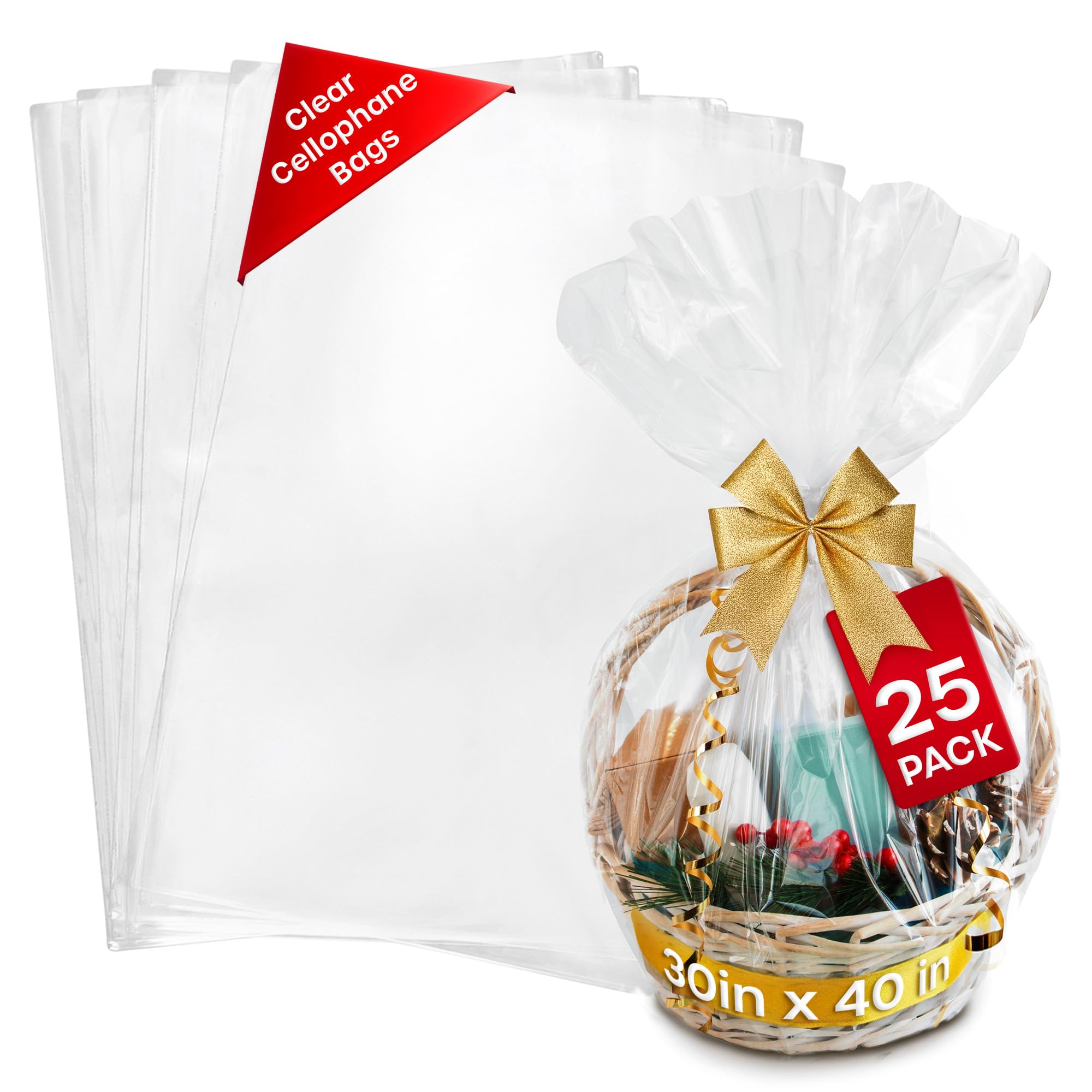 Large Cellophane Bags for Hampers - 100cm x 70cm Clear Hamper Wrapping - Cellophane Wrap for Gift Wrapping, Hamper Baskets, Flower Arrangements and Food Packaging (25 Pack)