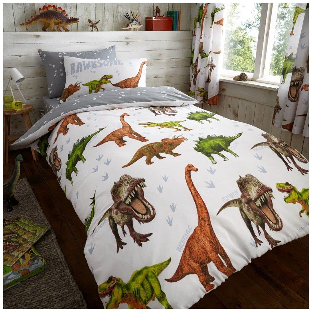 GC GAVENO CAVAILIA Reversible Kids Duver Cover Sets, Polycotton Bedding, Warm Cosy Dinosaur Single Bed Set, Dino Rotary, (546207)