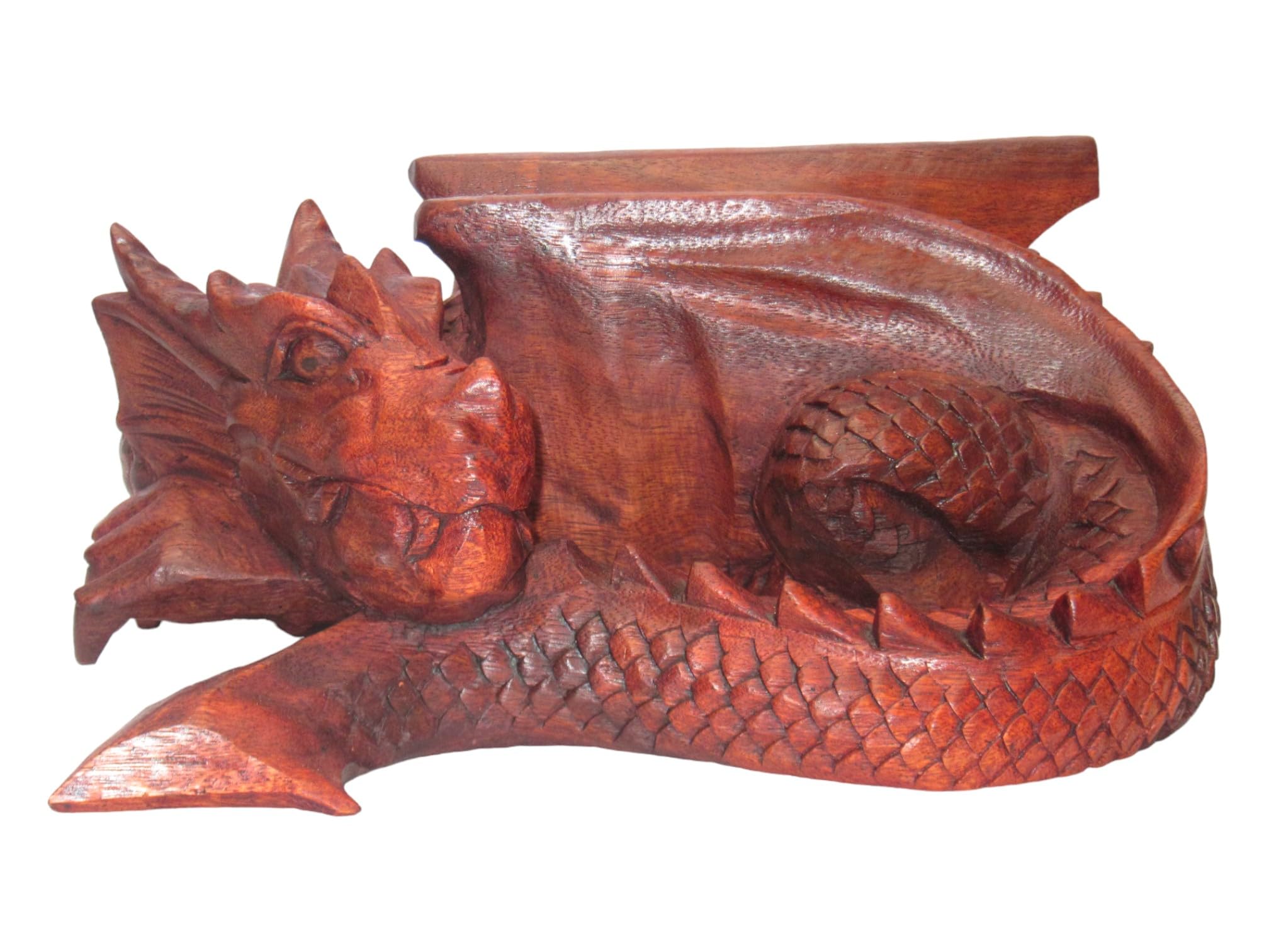 Brave Wings Hand Carved Wooden - Treasure Keeper Sleeping Dragon - Wood Ornament Sculpture Figurine Statue Unique Table Decoration Home Decor Gift for Christmas - 5015B