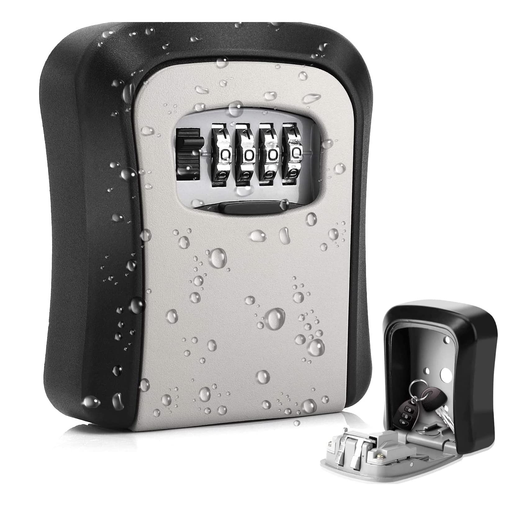 Visibee Aluminum Combination Lockbox Wall Mounted Key Safe for Indoor and Outdoor Use, Waterproof, 4 Digit Lock, Black/Grey (VS08WSF)